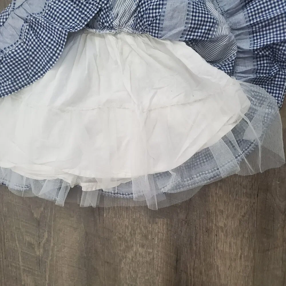 Genuine Kids OshKosh Girl Dress Size 4T Blue Gingham Patchwork Seersucker Cotton
